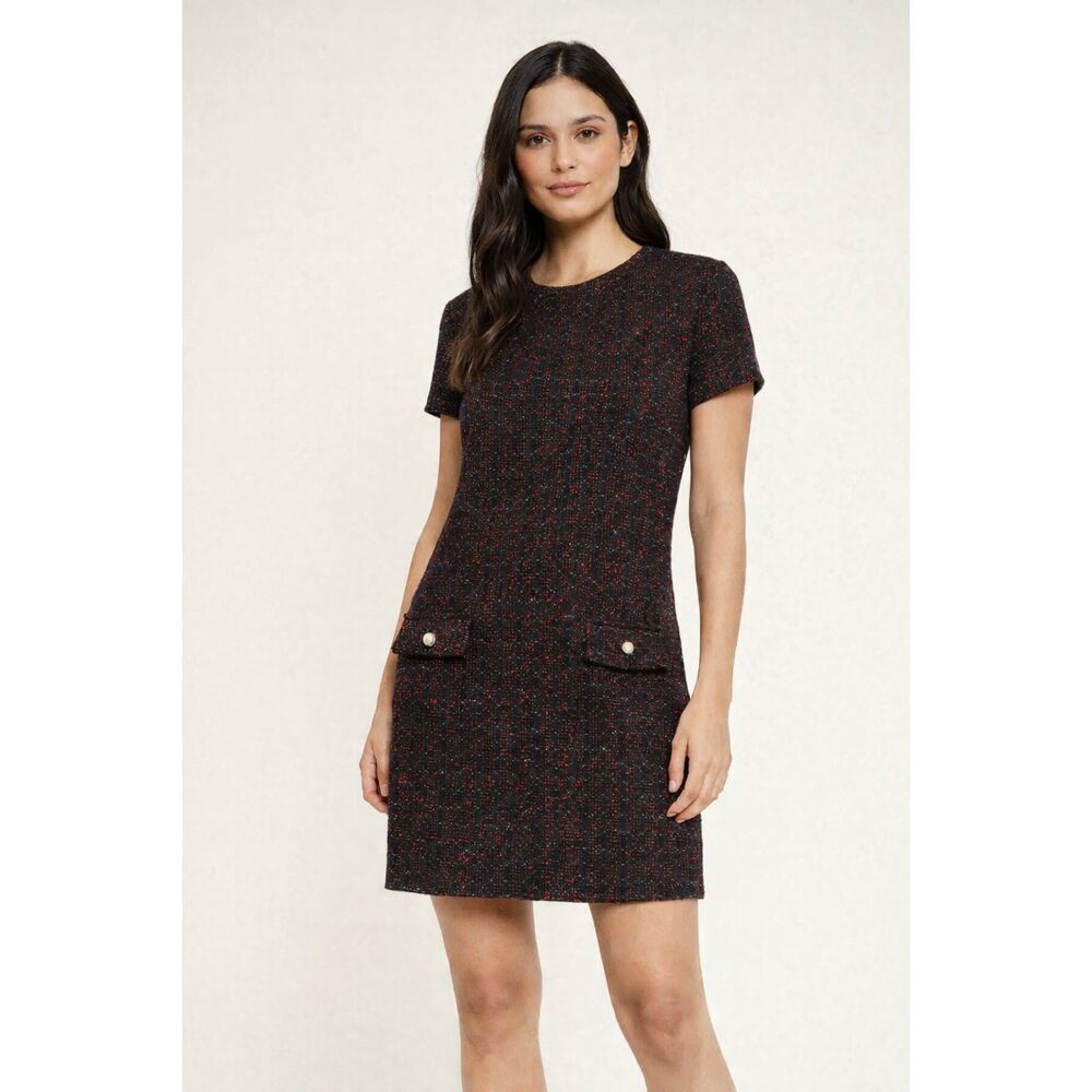 Koton Women XL Tweed Shift Dress Black Red Boucle Short Sleeve Pocket Career